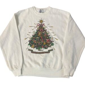VTG 90s Lee White Christmas Tree Merry Christmas Star Crewneck Sweatshirt Sz L